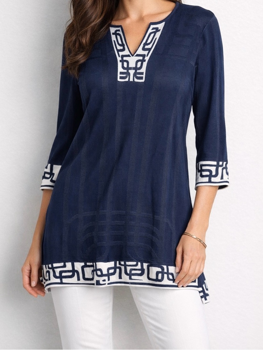 Ming Wang Tunic Top  Navy Blue & White Geometric Trim 3/4 Sleeve Blouse Size S
